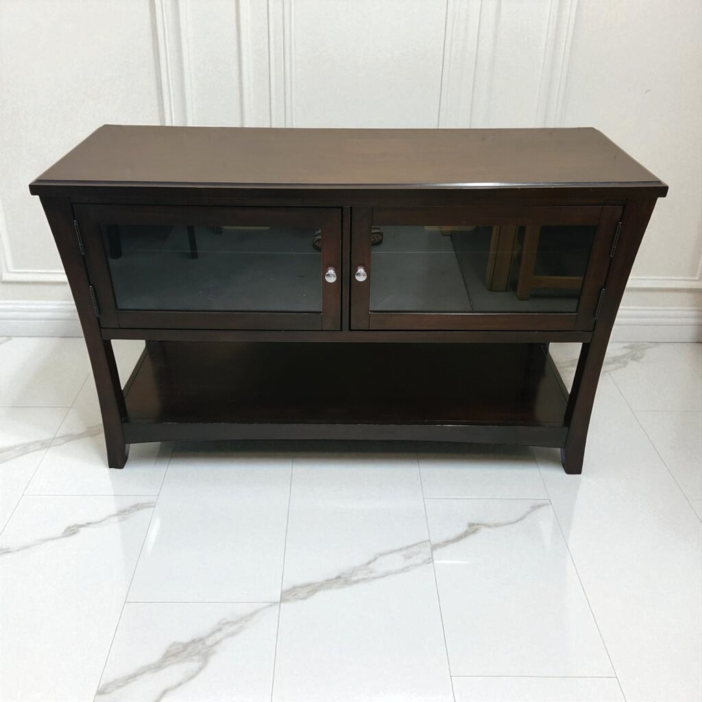 7102 Espresso Console with Glass Shelves and Door Used ~ Furniture