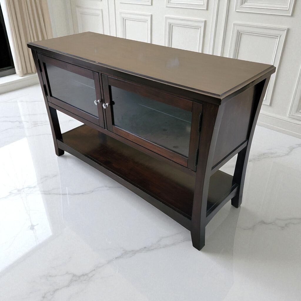 7102 Espresso Console with Glass Shelves and Door ~ Furniture