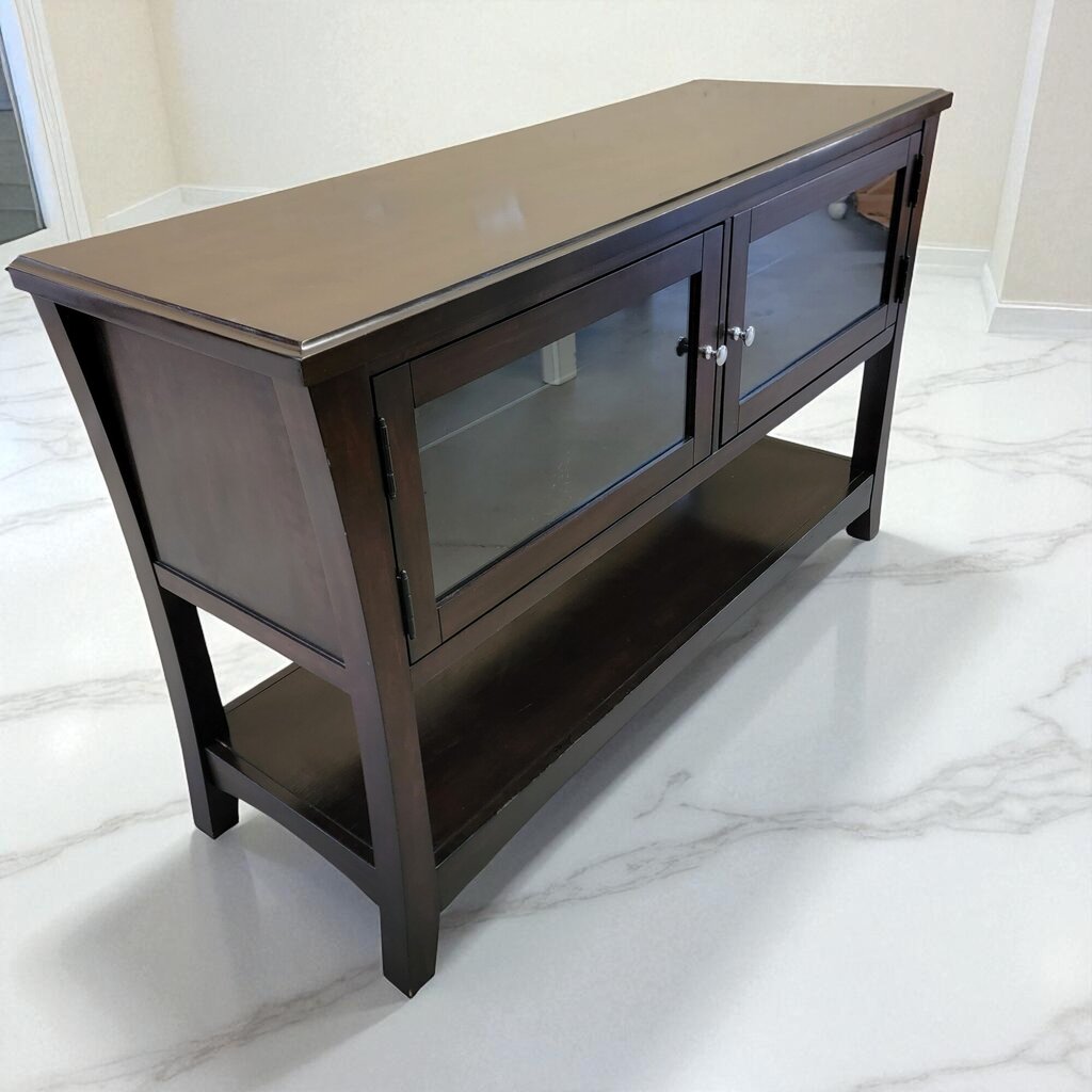 7102 Espresso Console with Glass Shelves and Door ~ Furniture