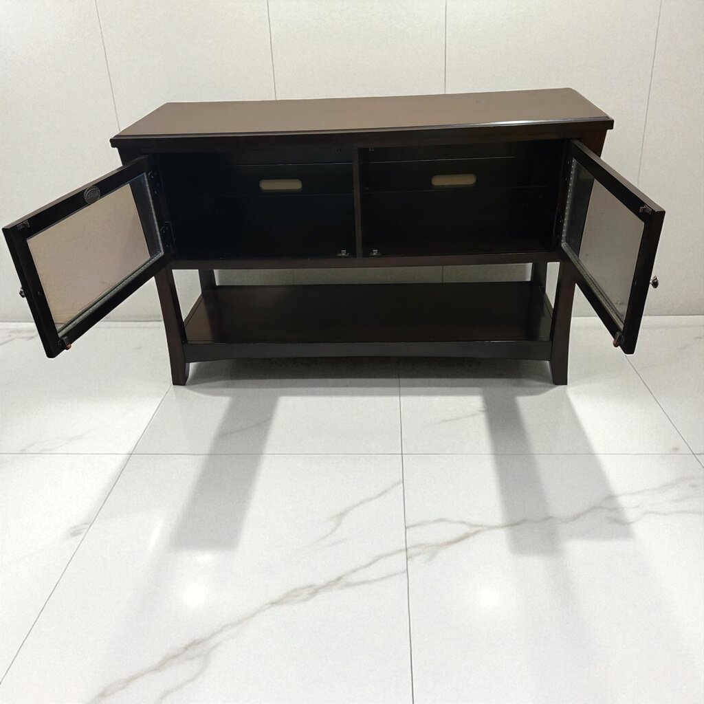 7102 Espresso Console with Glass Shelves and Door ~ Furniture