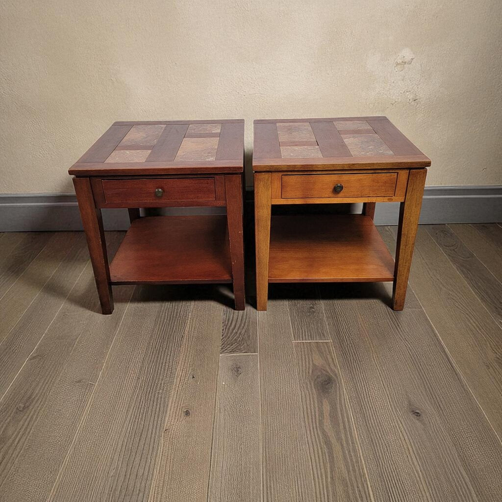 7111-7112 Inlaid Slate Top 2 Tier Side #Table with Drawer Used Furniture