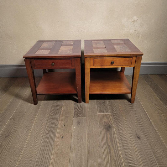 7111-7112 Inlaid Slate Top 2 Tier Side #Table with Drawer Used Furniture
