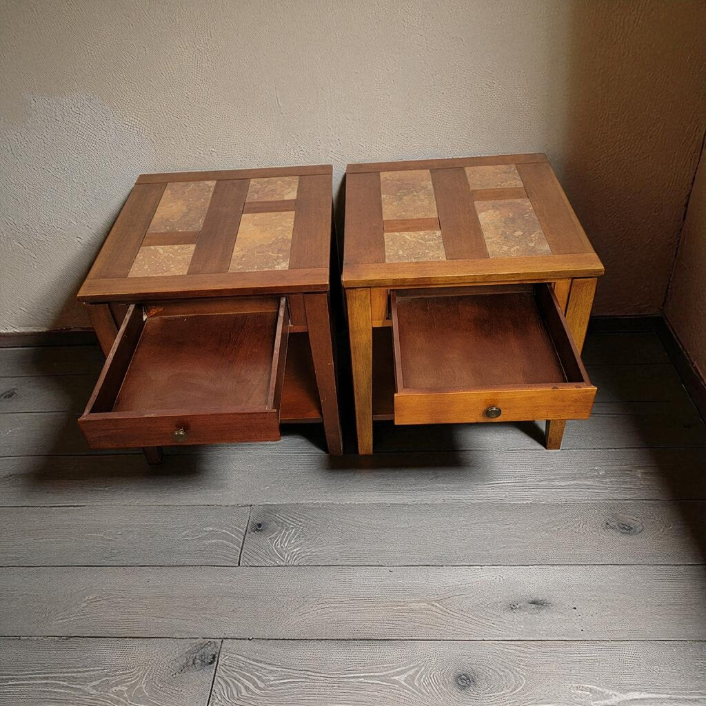 7111-7112 Inlaid Slate Top 2 Tier Side #Table with Drawer Furniture