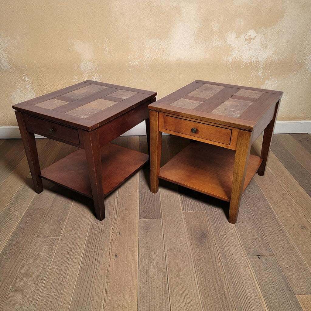 7111-7112 Inlaid Slate Top 2 Tier Side #Table with Drawer Furniture