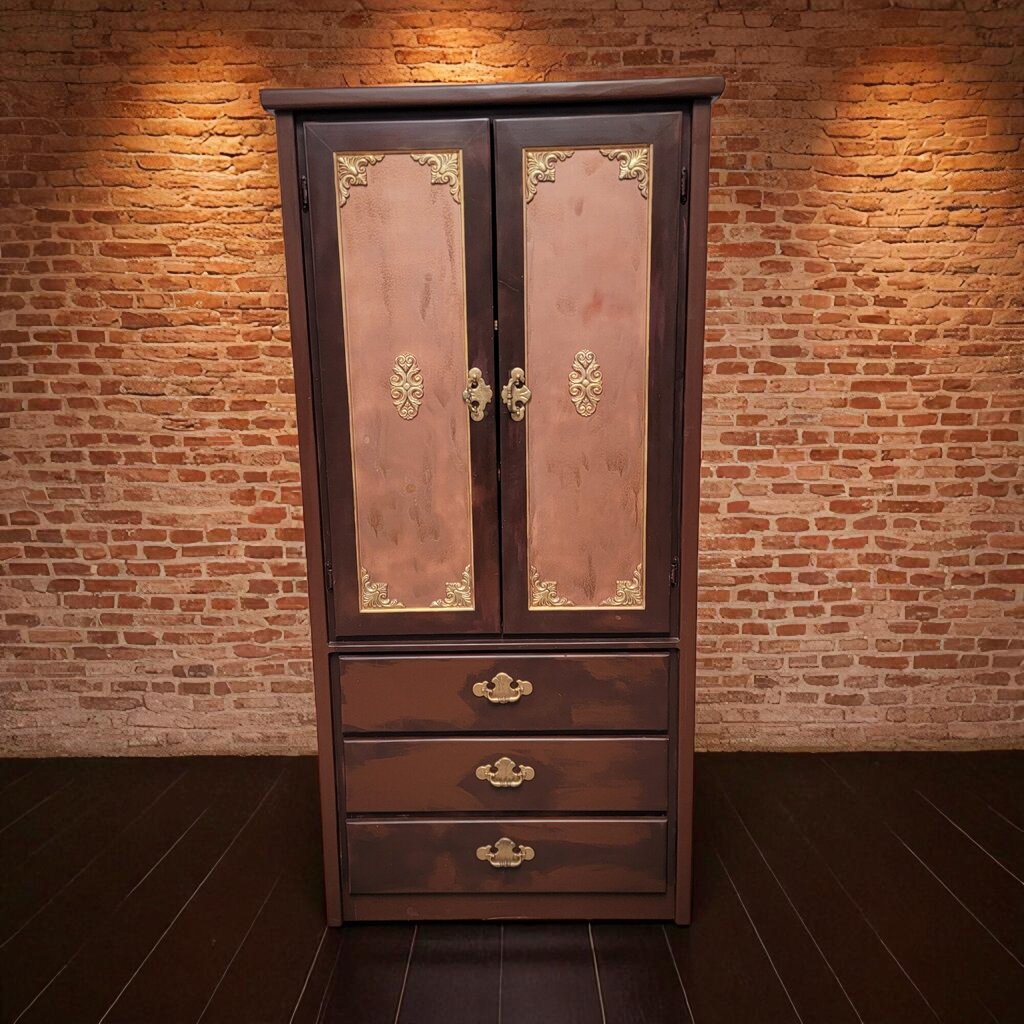 7113 #Armoire Cabinet with Gold Accents with Shelves and 3 Drawers Used ~ Furniture