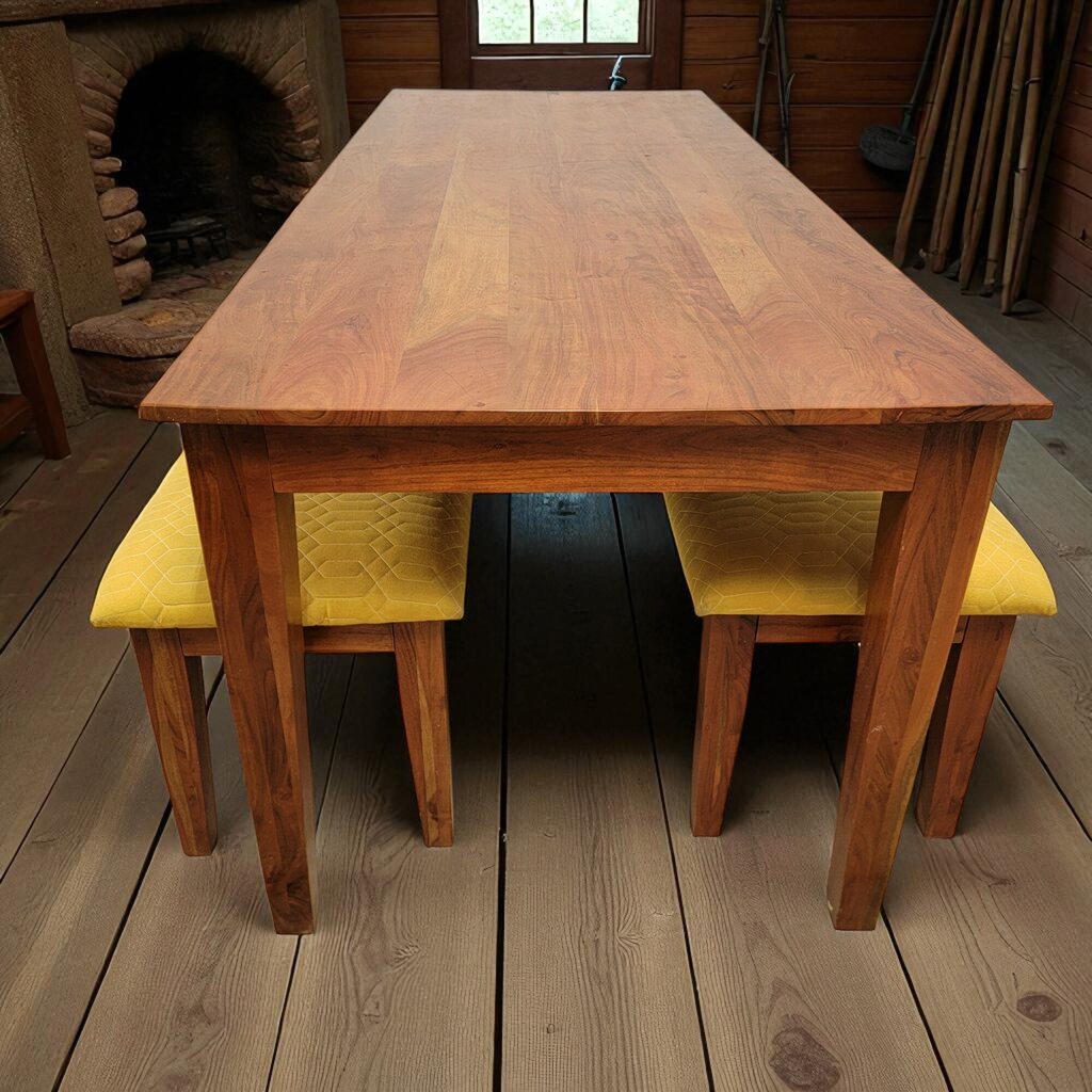 7132 Very Long Acacia Wood Table and 2 Upholstered #Bench Used ~ Furniture