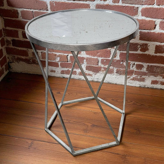 7136 Muted Silver Metal Round Accent Table with Mirrored Top Used Furniture