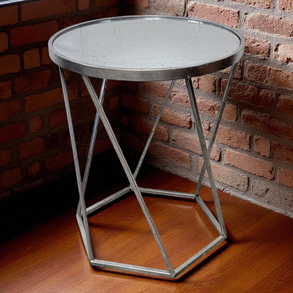 7136 Muted Silver Metal Round Accent Table with Mirrored Top ~ Furniture