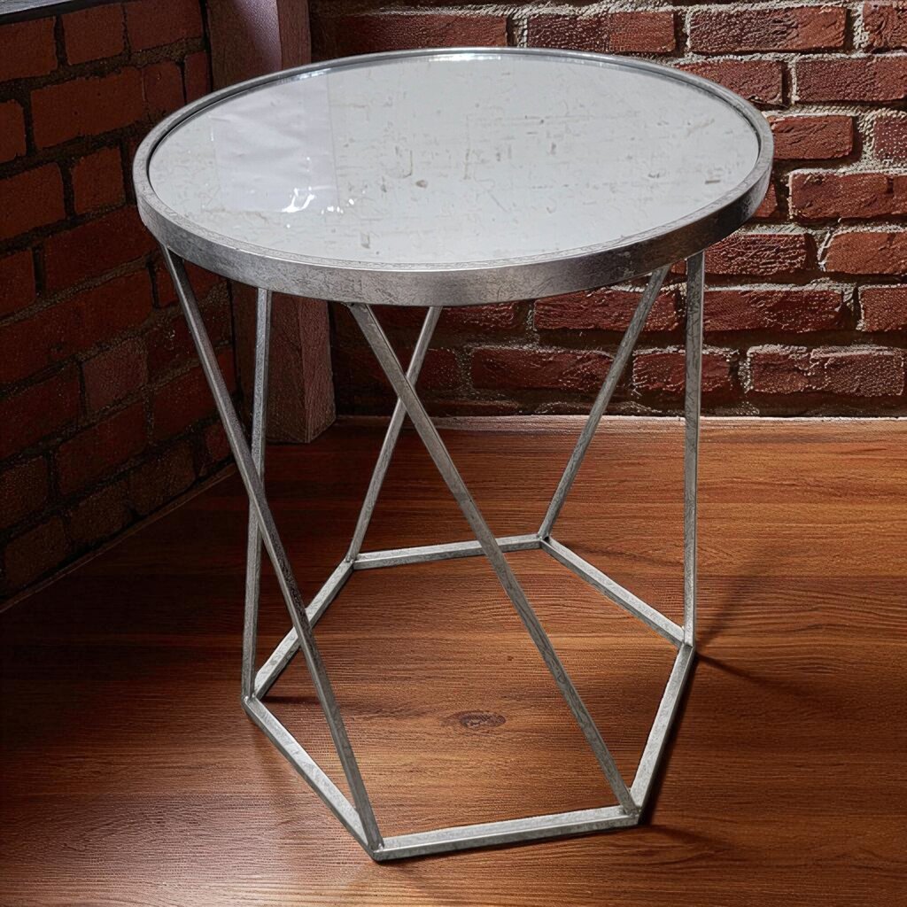 7136 Muted Silver Metal Round Accent Table with Mirrored Top Furniture