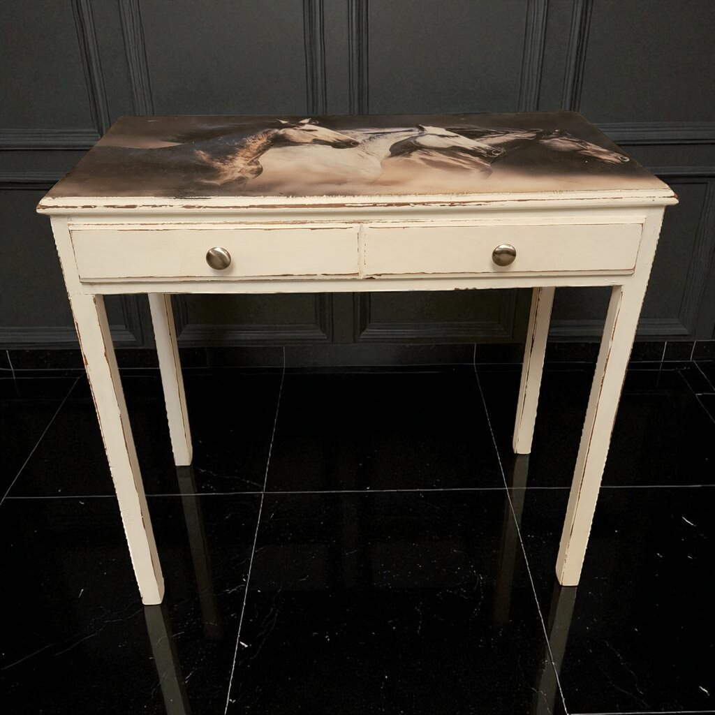 7177 White Wood 1 Drawer Horse Themed Writing #Desk Used Furniture