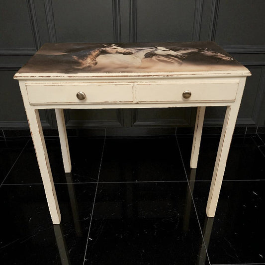 7177 White Wood 1 Drawer Horse Themed Writing #Desk Used Furniture