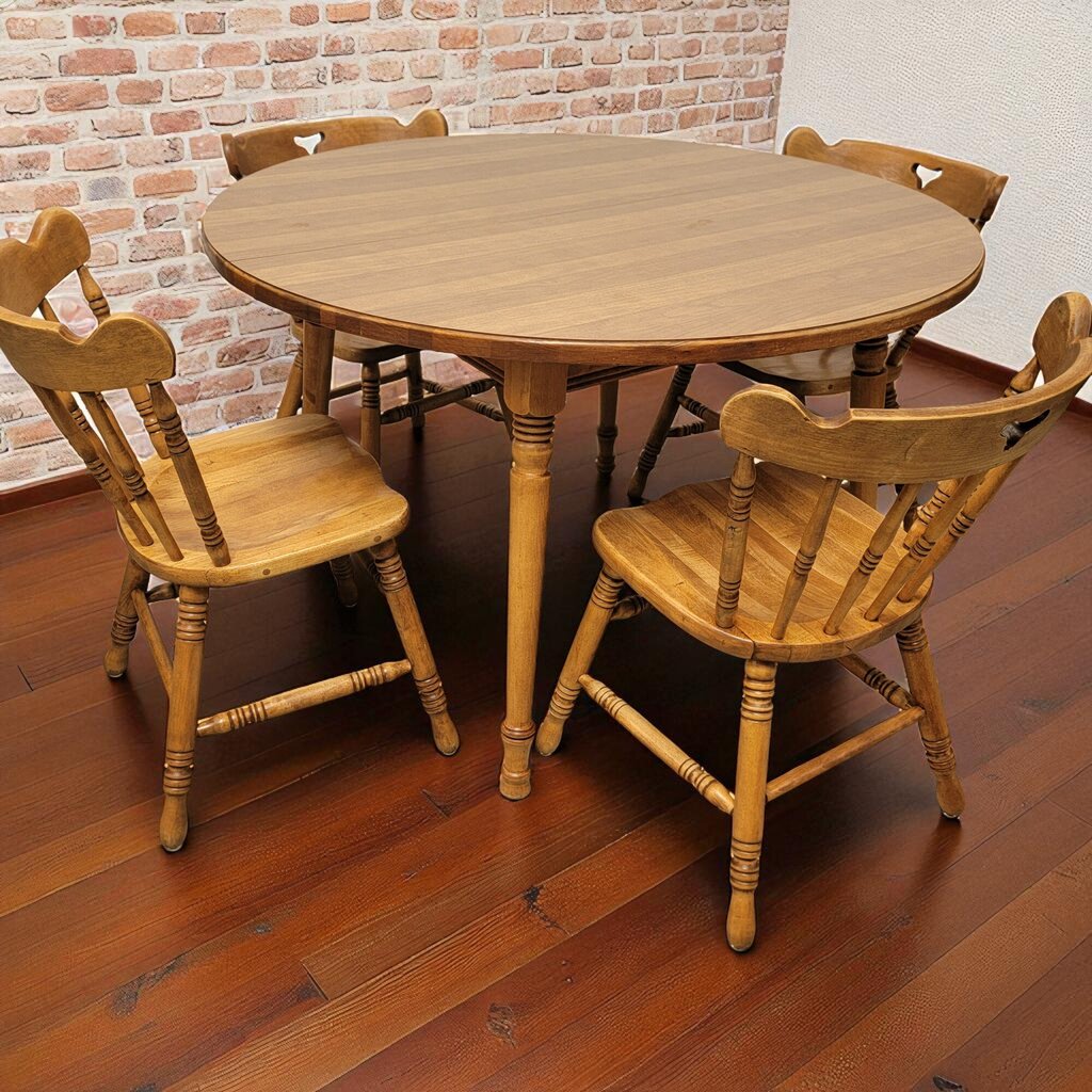 7178 Early American Round Wood #Table with 4 Chairs Furniture