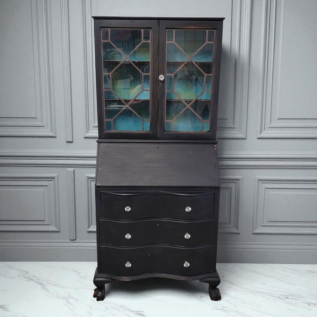 7230 Vintage Black Secretary Desk with Hutch Used Furniture