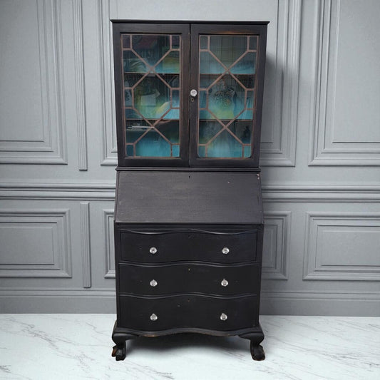 7230 Vintage Black Secretary Desk with Hutch Used Furniture