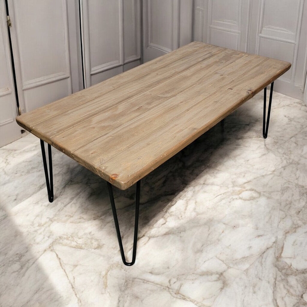 7239 Distressed Solid Wood Coffee Table with Metal Hairpin Legs Used ~ Furniture