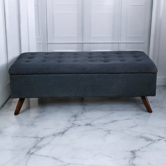 7322 Mid Century Style Tufted Blue Storage #Bench Used ~ Furniture