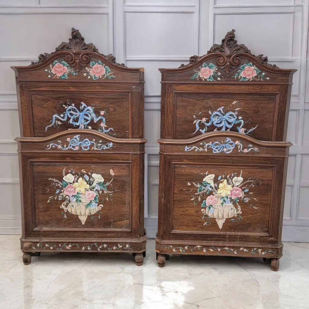 7352- 7353 Ornate Antique Italian Painted Carved #Headboard and Footboard Used ~ Furniture