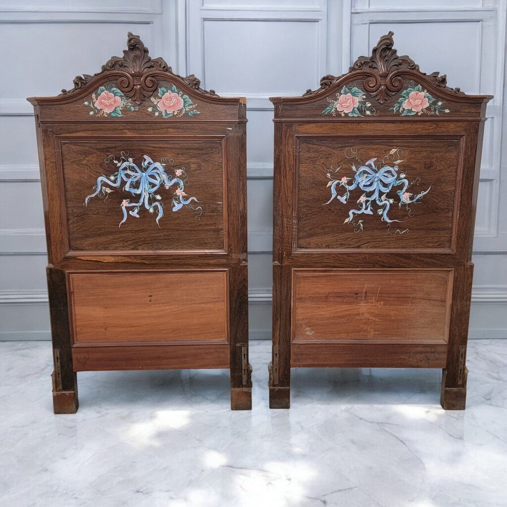 7352- 7353 Ornate Antique Italian Painted Carved #Headboard and Footboard ~ Furniture