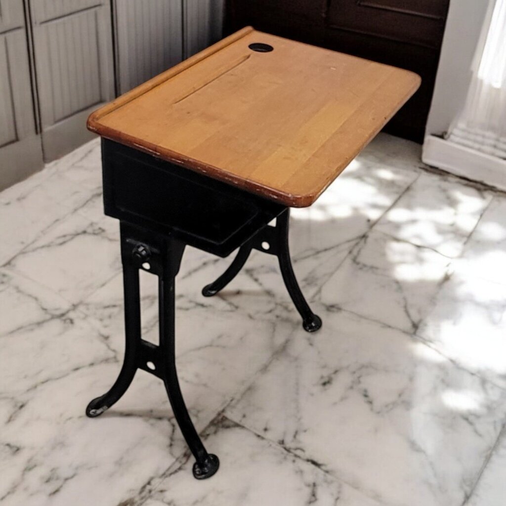7361 Vintage Wood and Metal School #Desk with Ink Well ~ Furniture