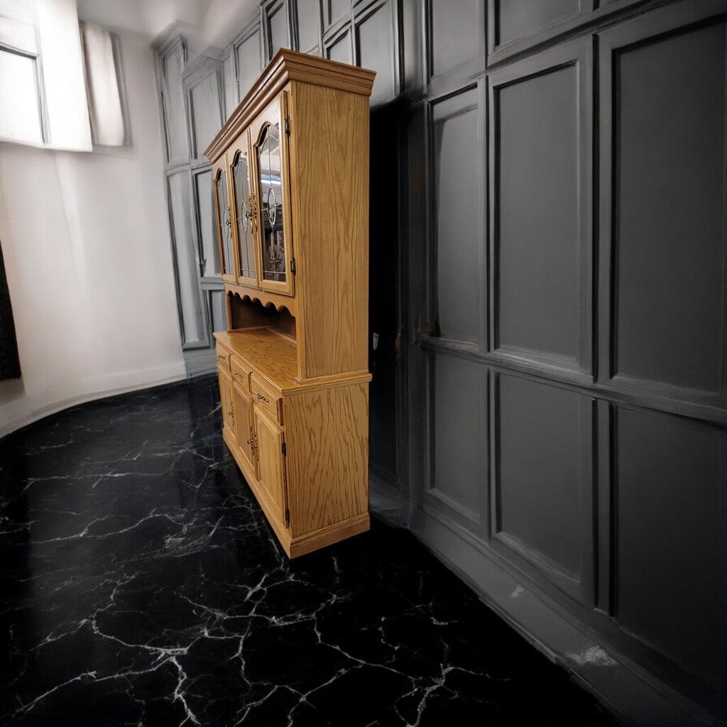 7366 2 Piece Oak Leaded Glass Hutch * 2 - Dealer Shared