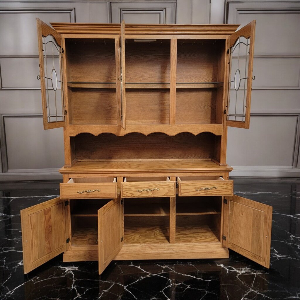 7366 2 Piece Oak Leaded Glass Hutch * 2 - Dealer Shared