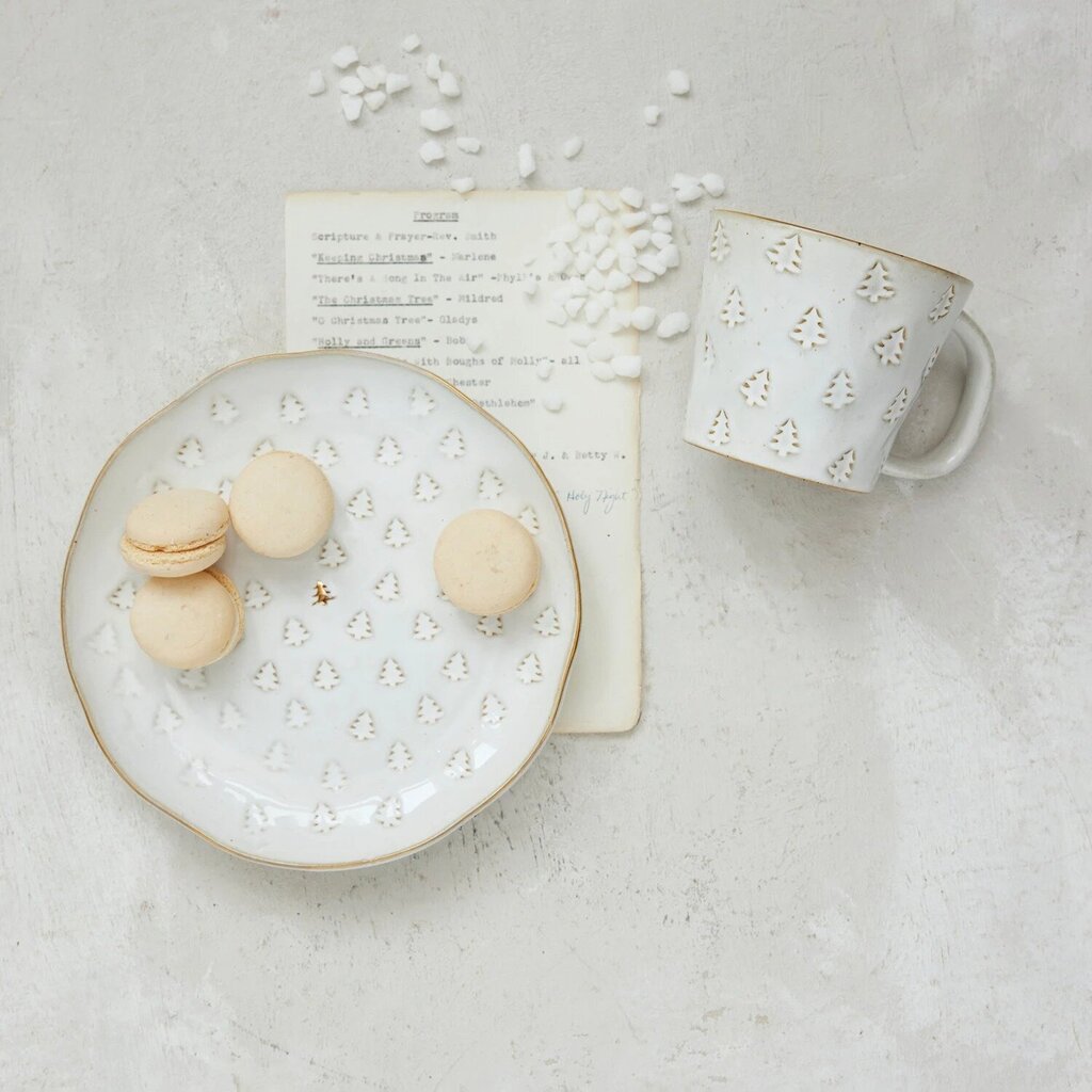 Stoneware Plate with Trees and Gold Trim * Holiday