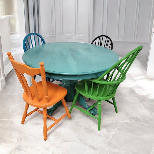 7385 Round Turquoise Dining Table with 4 Colorful Chairs Used ~ Furniture