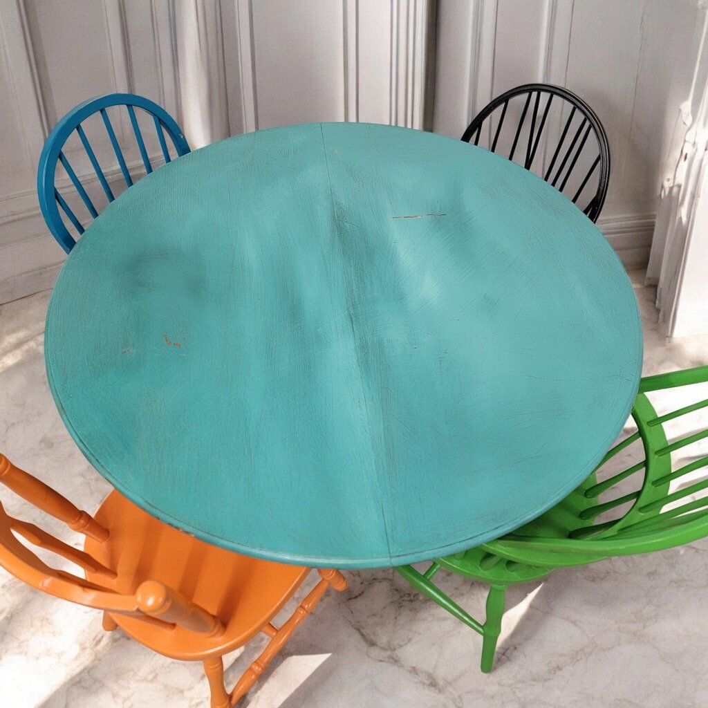 7385 Round Turquoise Dining Table with 4 Colorful Chairs ~ Furniture