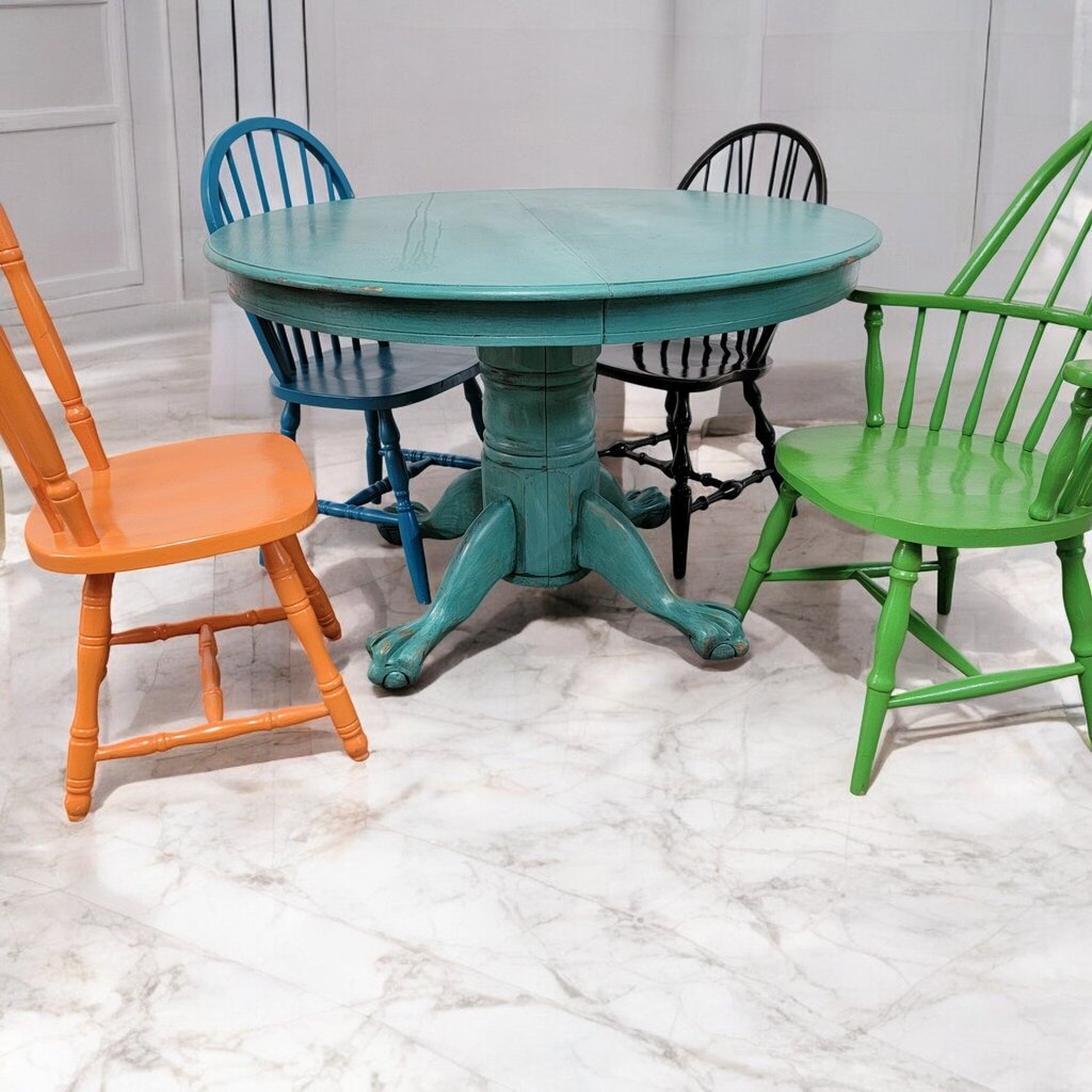 7385 Round Turquoise Dining Table with 4 Colorful Chairs ~ Furniture