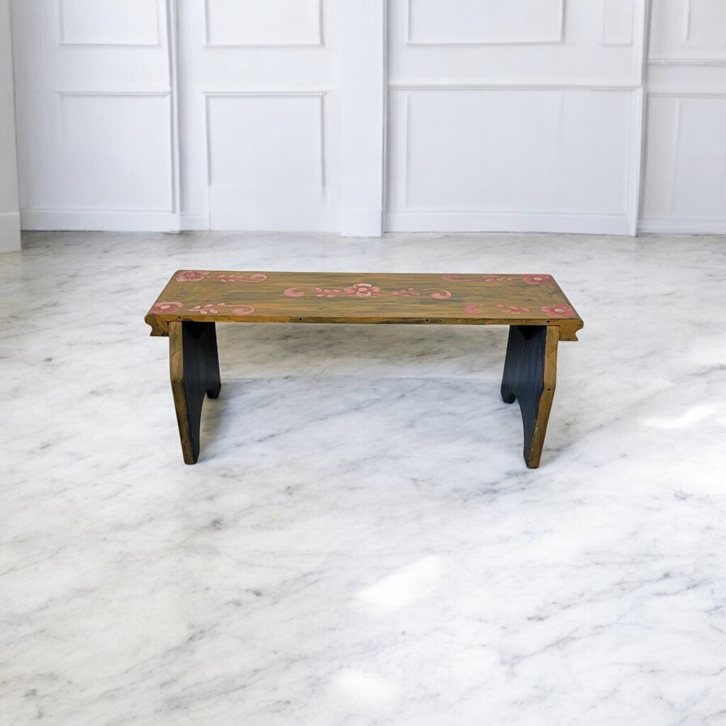 7389 Rustic Mexican Handpainted Wood Bench with Floral Detail Used ~ Furniture