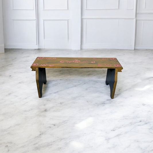 7389 Rustic Mexican Handpainted Wood Bench with Floral Detail Used ~ Furniture