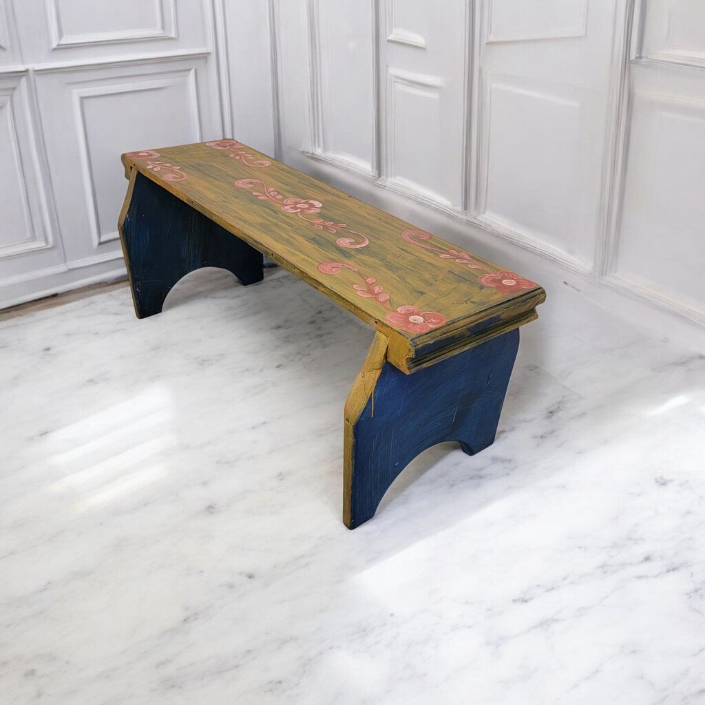 7389 Rustic Mexican Handpainted Wood Bench with Floral Detail ~ Furniture