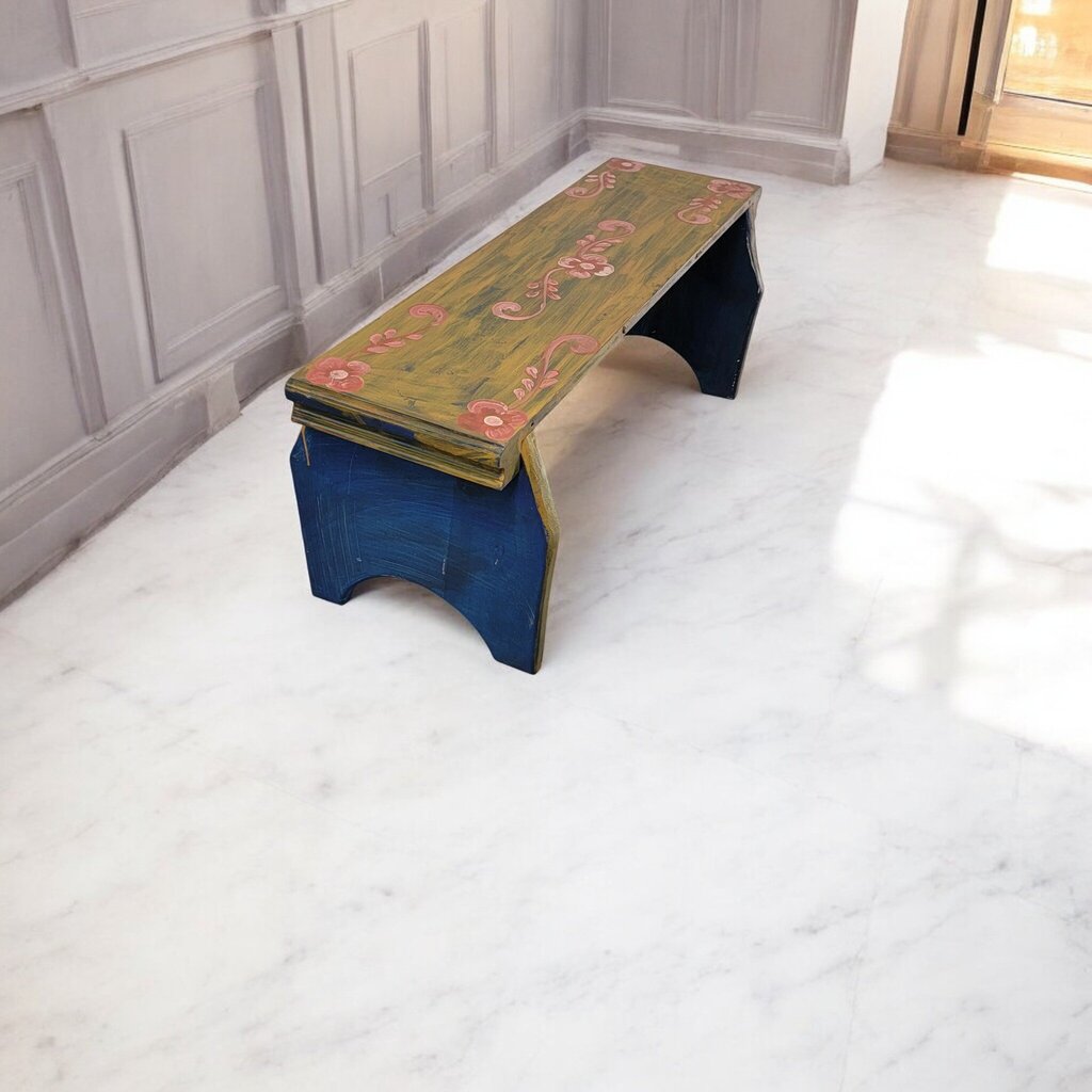 7389 Rustic Mexican Handpainted Wood Bench with Floral Detail ~ Furniture