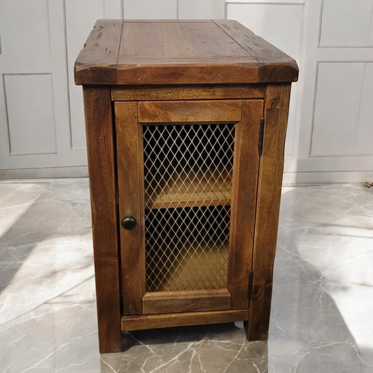 7434 Heavy Pine Side #Table with Metal Grate Door