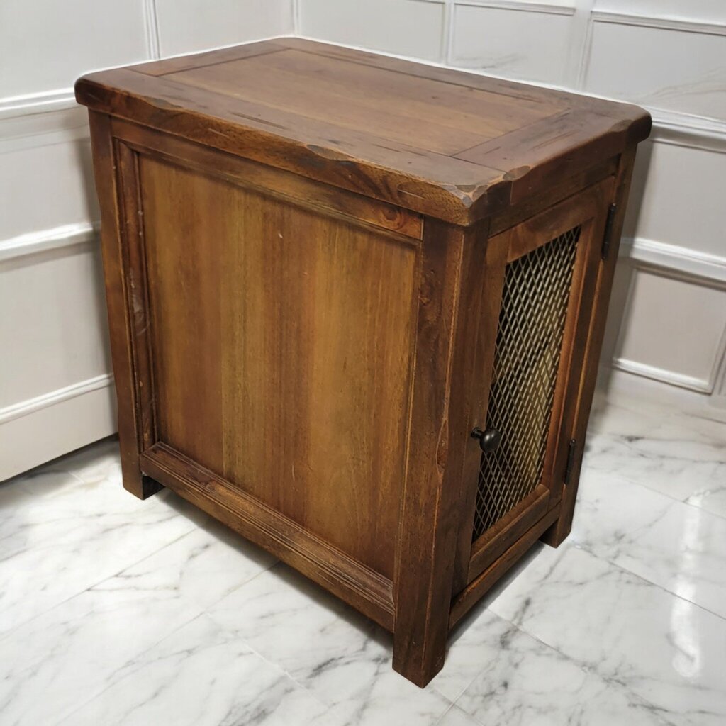 7434 Heavy Pine Side #Table with Metal Grate Door