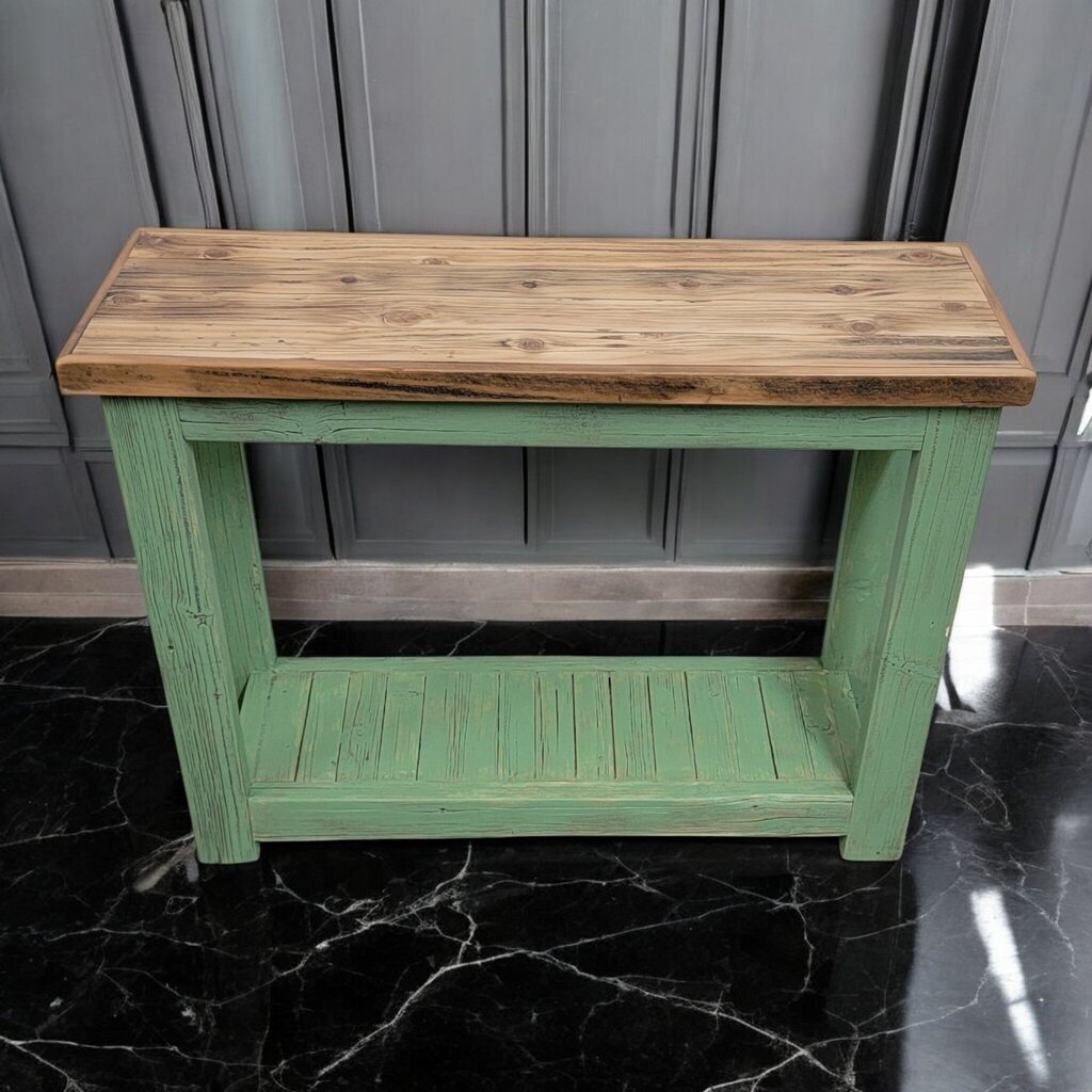 7547 Handcrafted 2 tier Green Wooden Console