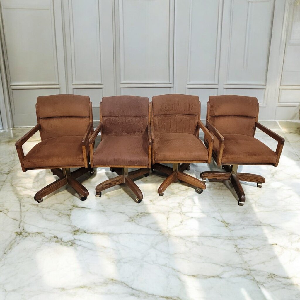 7552 Set of 4 Oak k and Chenille Rolling Armchair