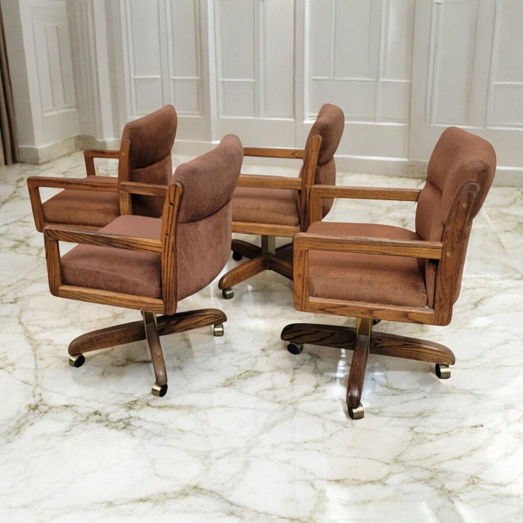 7552 Set of 4 Oak k and Chenille Rolling Armchair