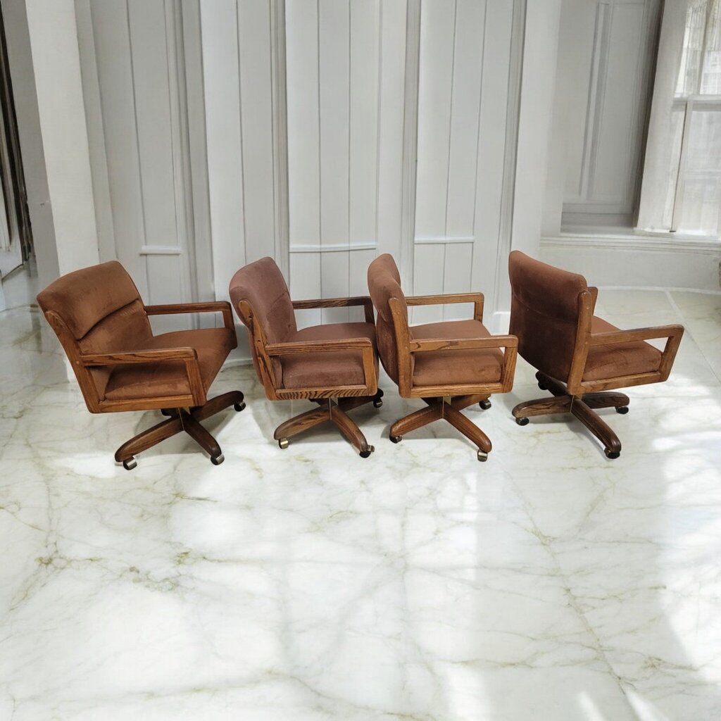 7552 Set of 4 Oak k and Chenille Rolling Armchair
