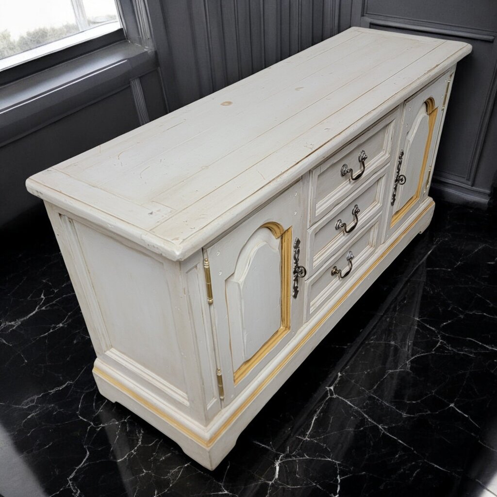 7566 White and Gold French Provincial Style Pine Sideboard