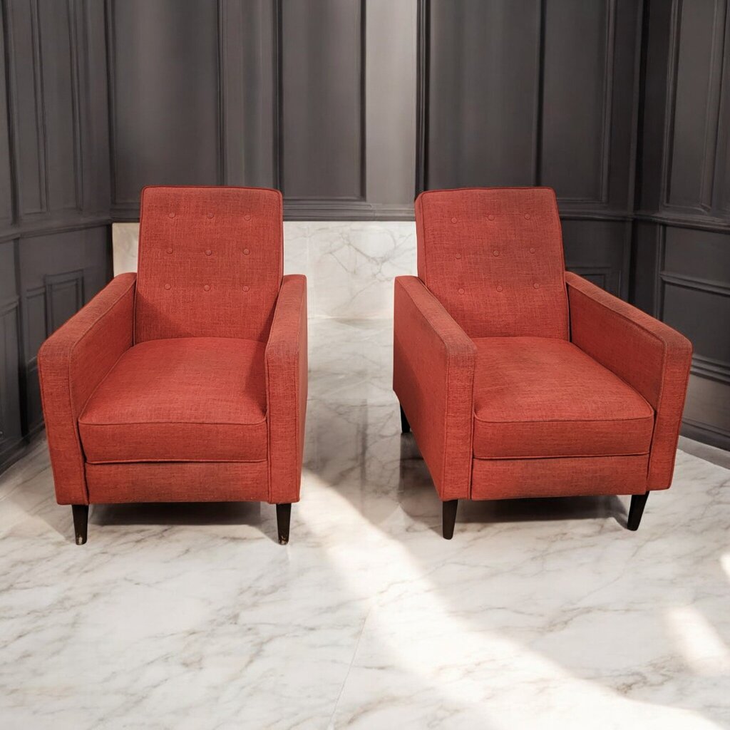 7619-7620 Mid Century Orange Tweed Recliner Chair