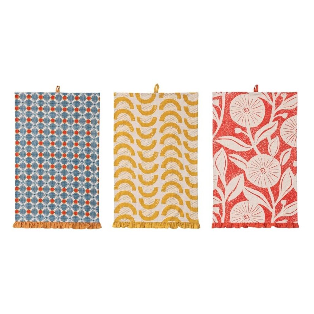 Cotton Printed Tea Towel w/ Pattern & Ruffle | 3 styles 28"L x 18"W New * Home