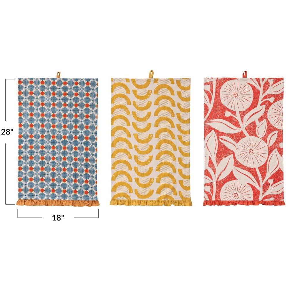Cotton Printed Tea Towel w/ Pattern & Ruffle | 3 styles * Home