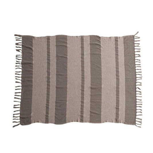 Woven Recycled Cotton Blend Striped Throw w/ Fringe, Beige & Brown 60"L x 50"W Multi New * Home