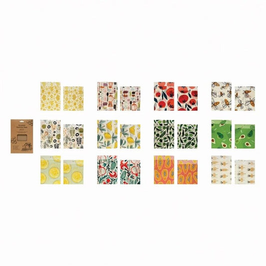 Reusable Fabric Beeswax Food Bags with Prints | 2 Piece 10"L x 7"H & 8-3 4"L x 7"H New * Home