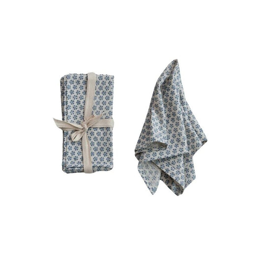 Cotton & Linen Napkin w/ Block Print Pattern 18" Square Blue & Cream New * Home