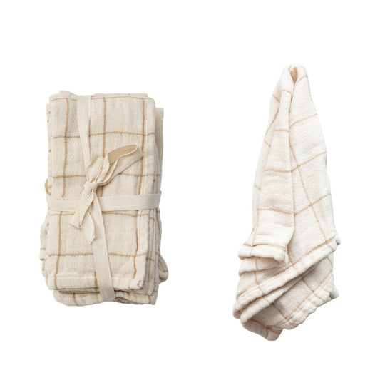 Cotton Double Cloth Napkins with Grid/Stripe Pattern 18" Square Cream New * Home