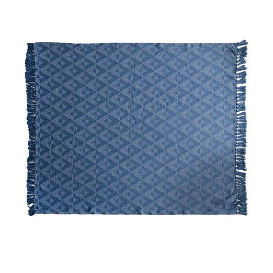 Woven Recycled Cotton Blend Throw w/ Triangle Pattern & Fringe 60"L x 50"W Blue New * Home