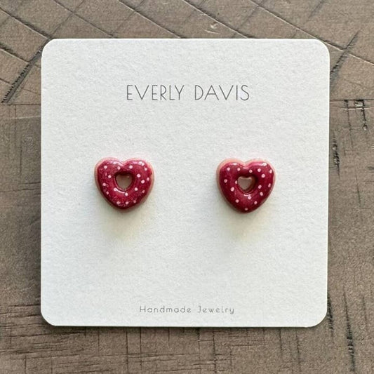 Heart Donut Studs - Red w/White Dots