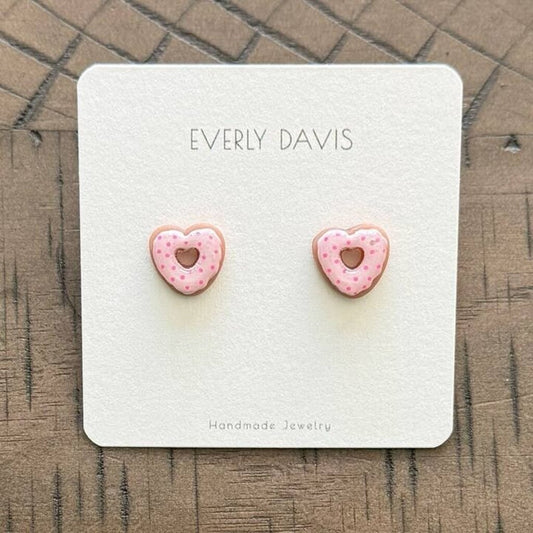 Heart Donut Studs - Lt Pink/Red Dots